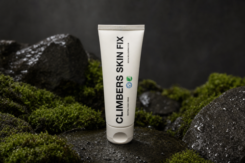 Climbers Skin Fix tube on wet rocks with moss, studio shot